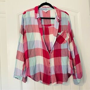 Time and Tru vibrant Magenta And Plaid Button-Down Shirt women's size XXL